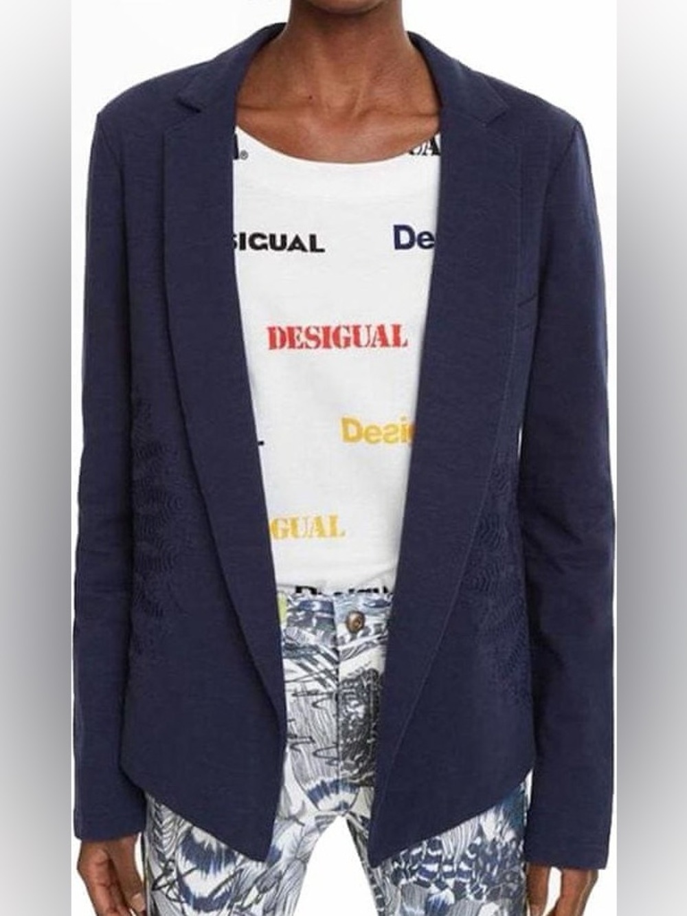 Desigual Navy Open-Front Blazer with Notched Lapel Cotton Stretchy